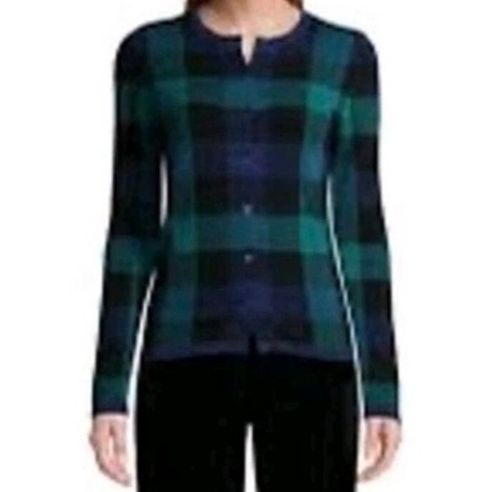 Lands’ End Plaid Cashmere Crewneck Cardigan Blue Green Black M - Picture 13 of 14